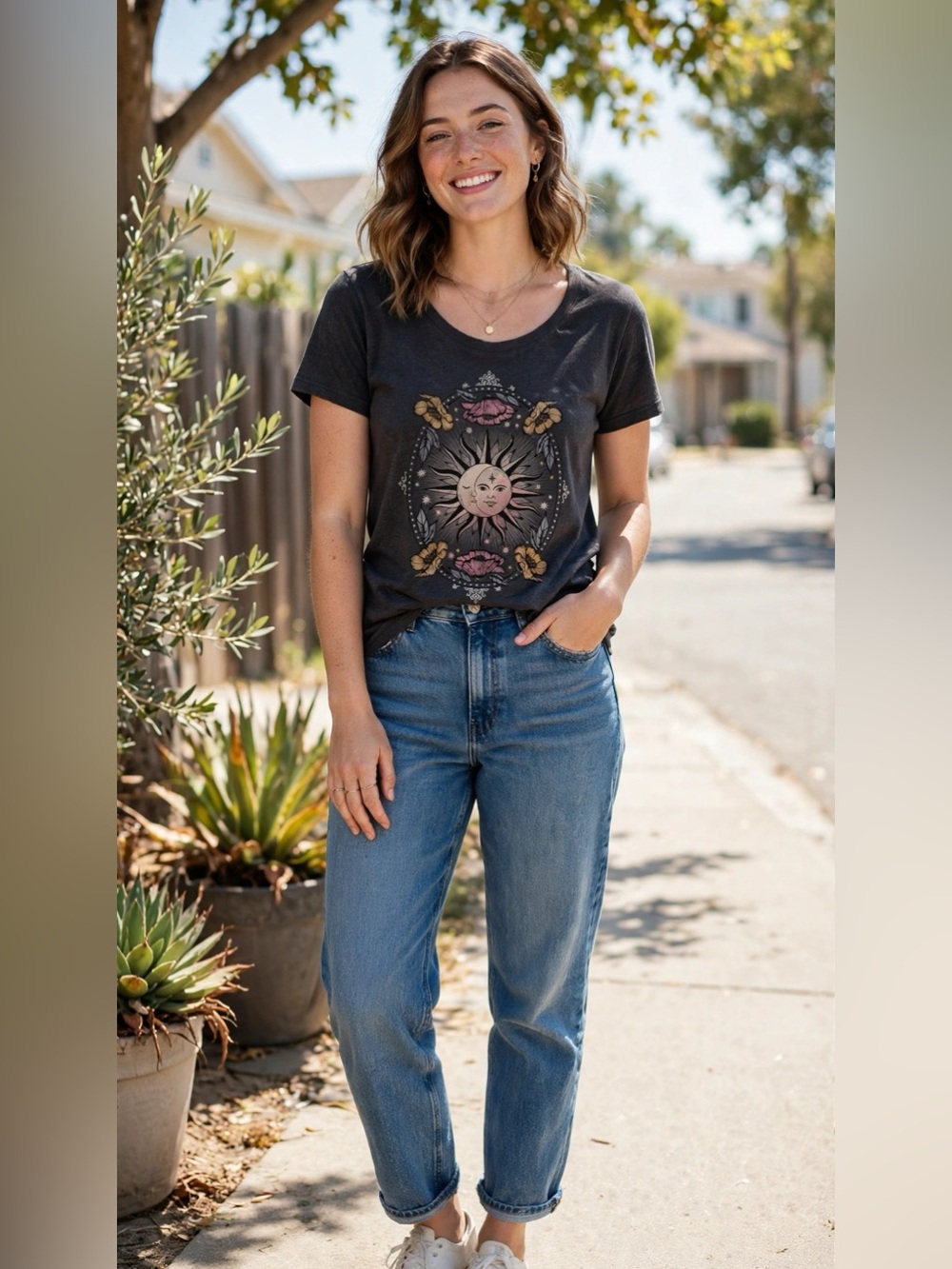 Lucky Brand Women's Sun & Moon Graphic Tee - Charcoal